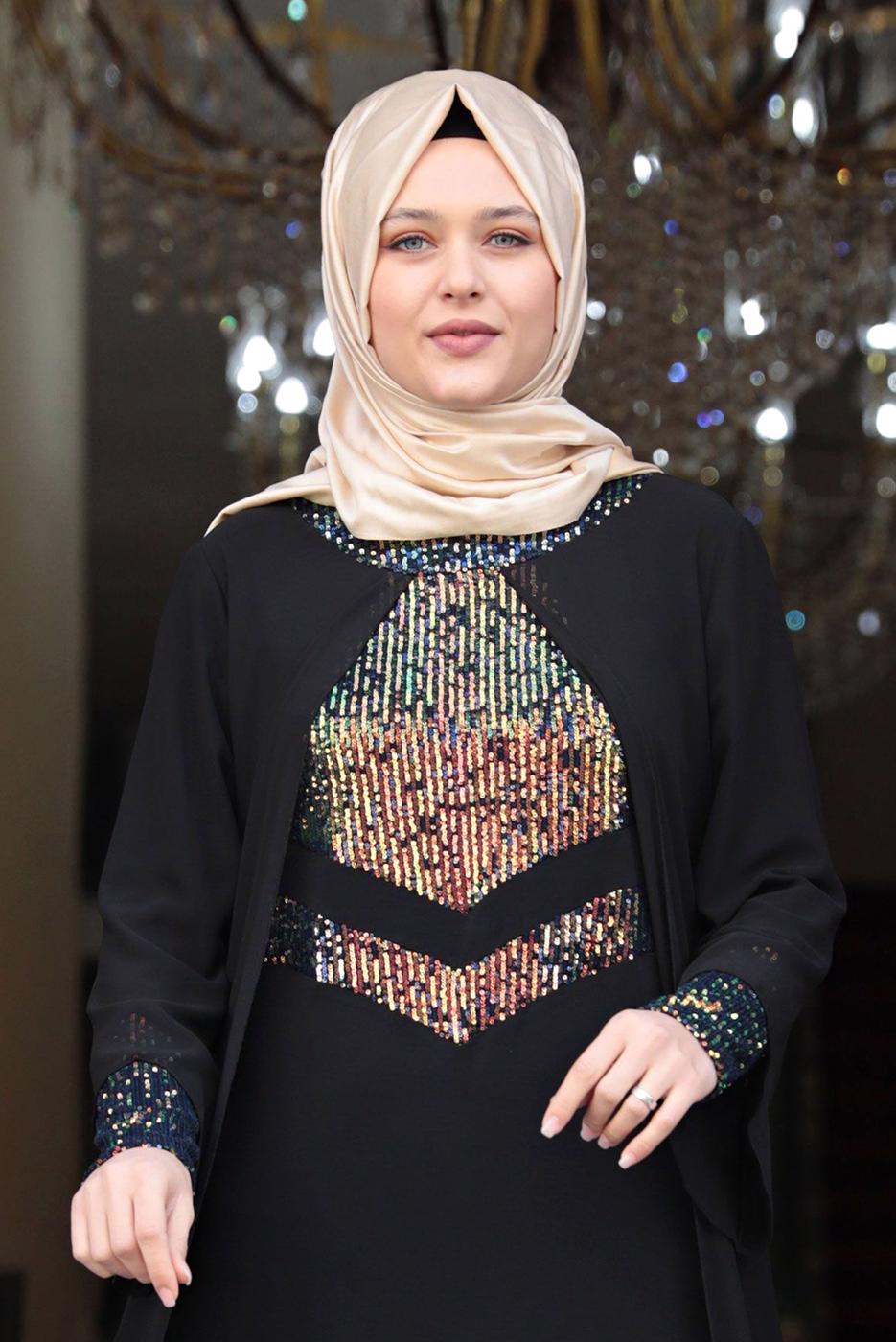 Tesettür giyim SİYAH PUL PAYET DETAYLI ABİYE T 3623