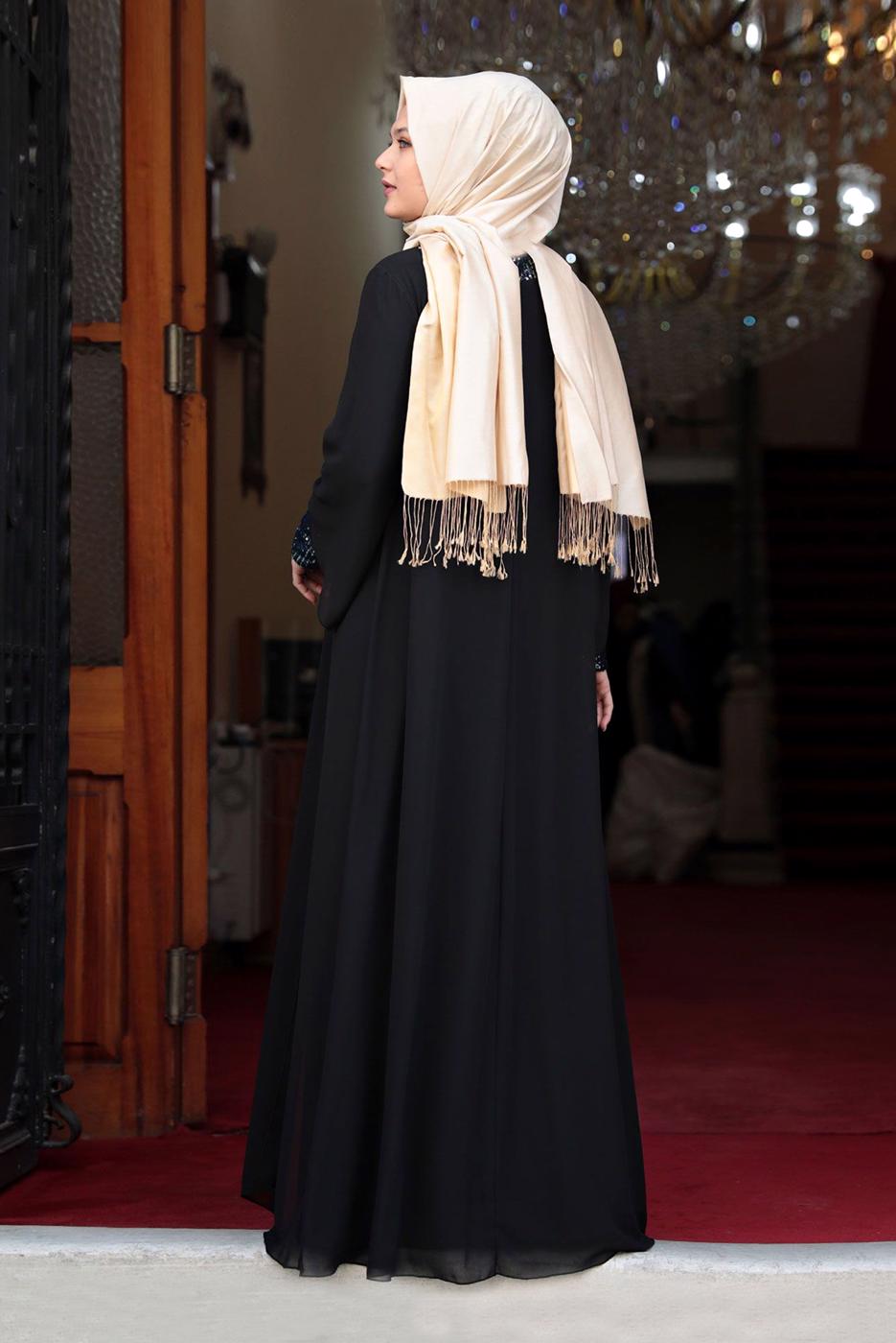 Tesettür giyim SİYAH PUL PAYET DETAYLI ABİYE T 3623