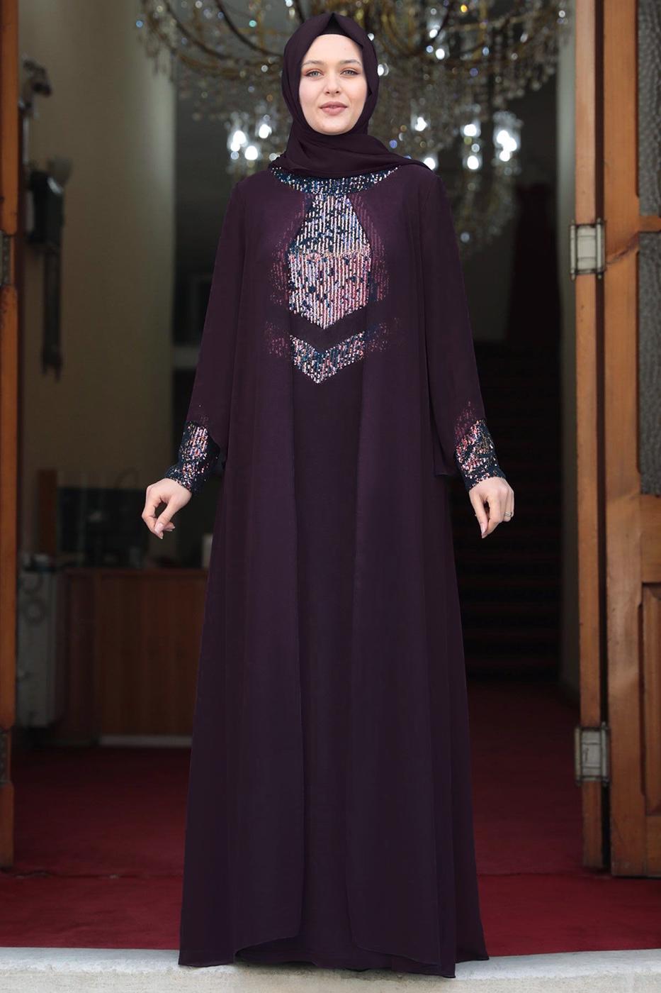 Hijab clothing PURPLE SEQUIN DETAIL EVENING DRESS T 3623