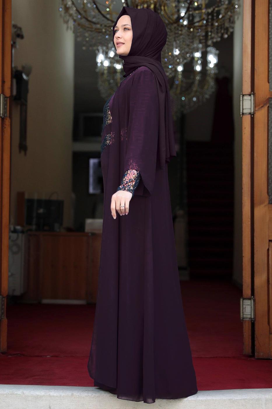 Hijab clothing PURPLE SEQUIN DETAIL EVENING DRESS T 3623