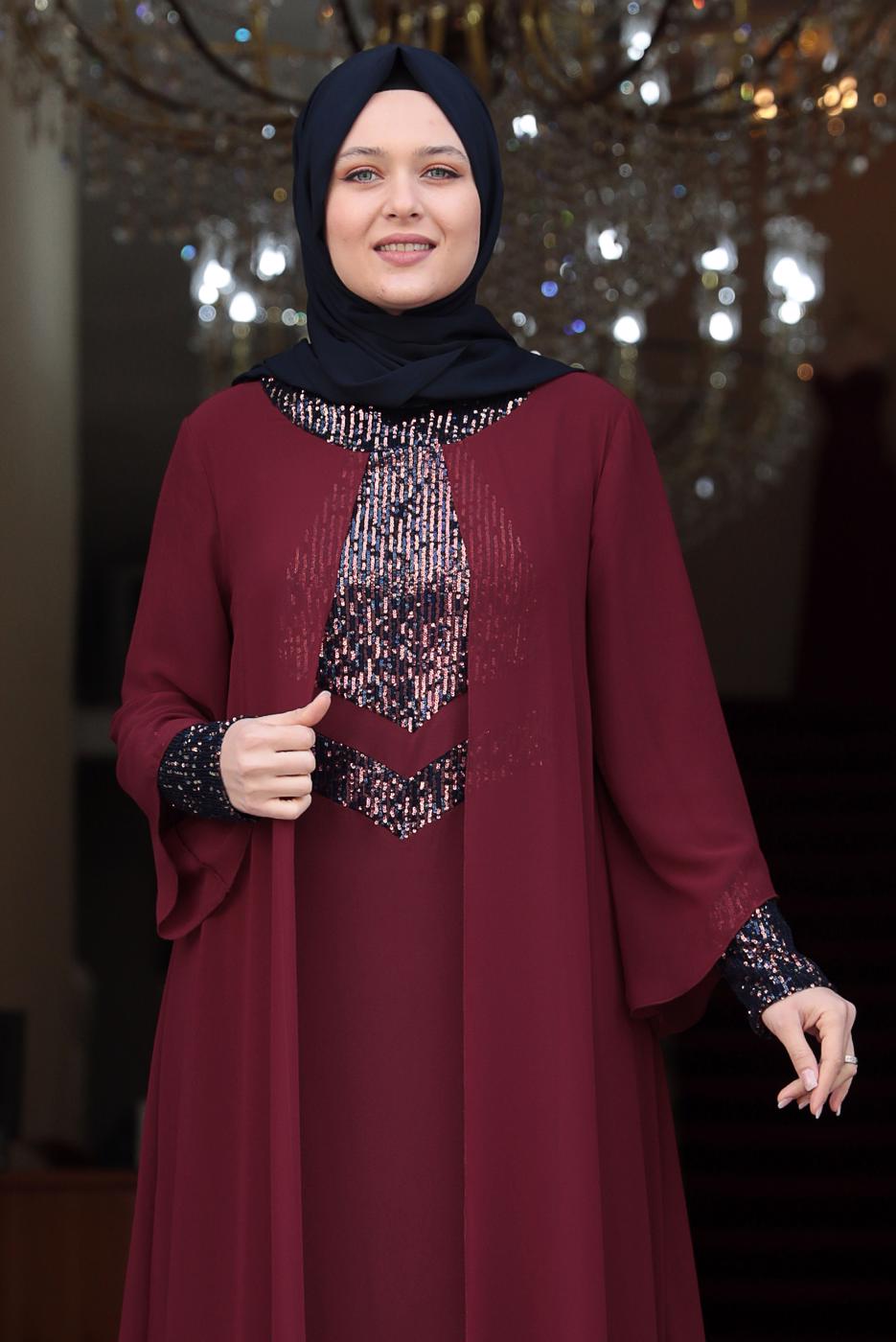 Tesettür giyim BORDO PUL PAYET DETAYLI ABİYE T 3623