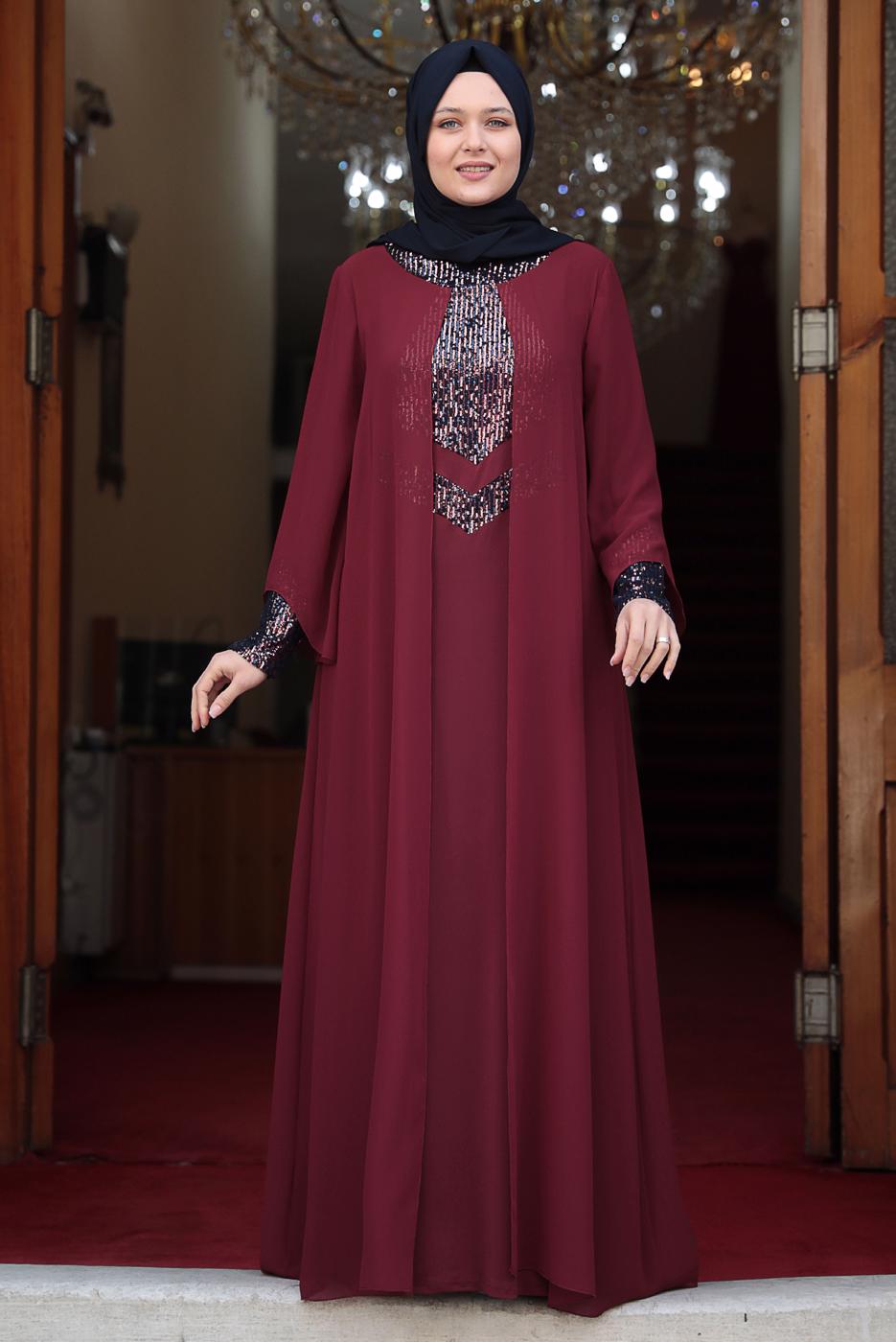 Tesettür giyim BORDO PUL PAYET DETAYLI ABİYE T 3623