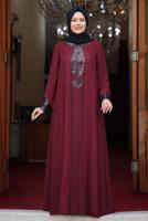 Tesettür giyim BORDO PUL PAYET DETAYLI ABİYE T 3623