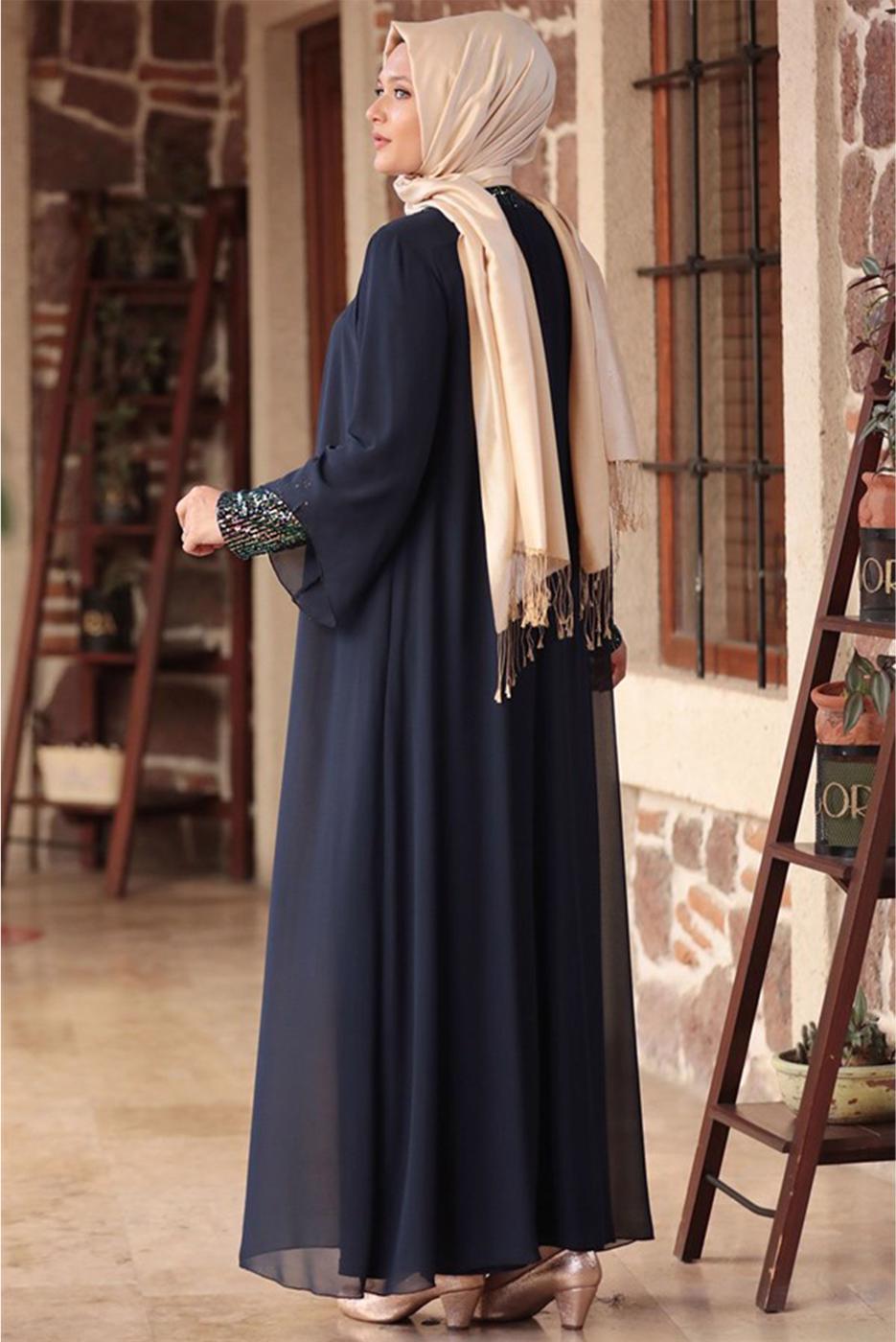 Tesettür giyim LACİVERT PUL PAYET DETAYLI ABİYE T 3623