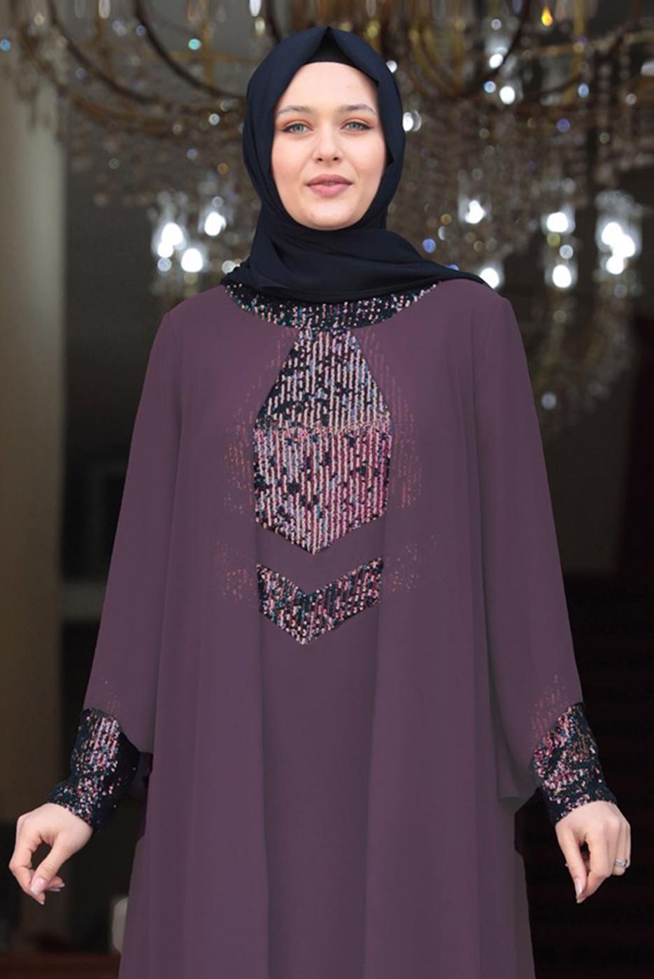 Tesettür giyim PEMBE PUL PAYET DETAYLI ABİYE T 3623