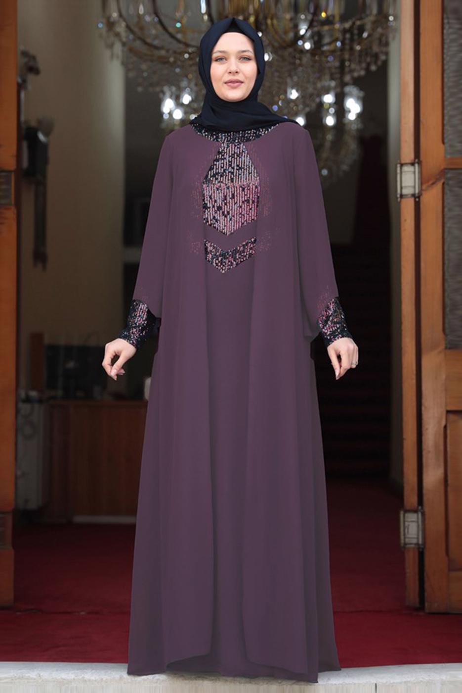 Tesettür giyim PEMBE PUL PAYET DETAYLI ABİYE T 3623