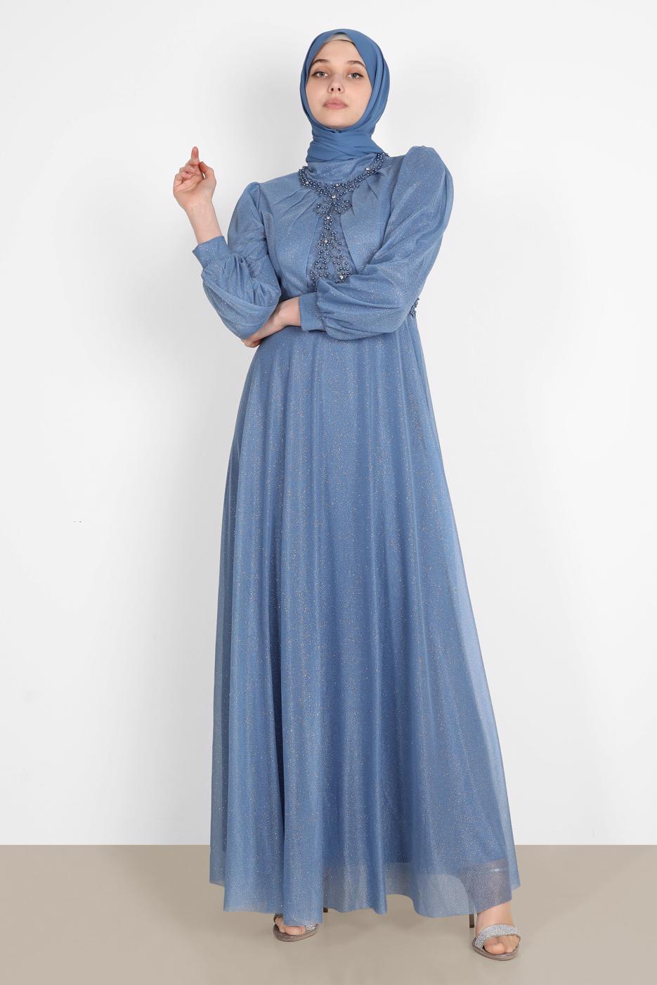 Vêtements hijab BLEU ROBE DE SOIRÉE ARGENTÉE BRODÉE DE PERLES 4353
