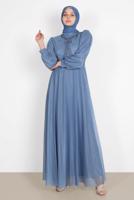Vêtements hijab BLEU ROBE DE SOIRÉE ARGENTÉE BRODÉE DE PERLES 4353