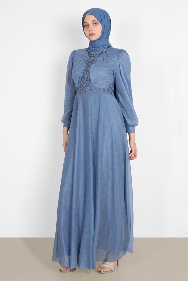 Vêtements hijab  BEAD EMBROIDERED SILVERY EVENING DRESS 4353  - TRENDTESETTÜR