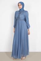 Vêtements hijab BLEU ROBE DE SOIRÉE ARGENTÉE BRODÉE DE PERLES 4353