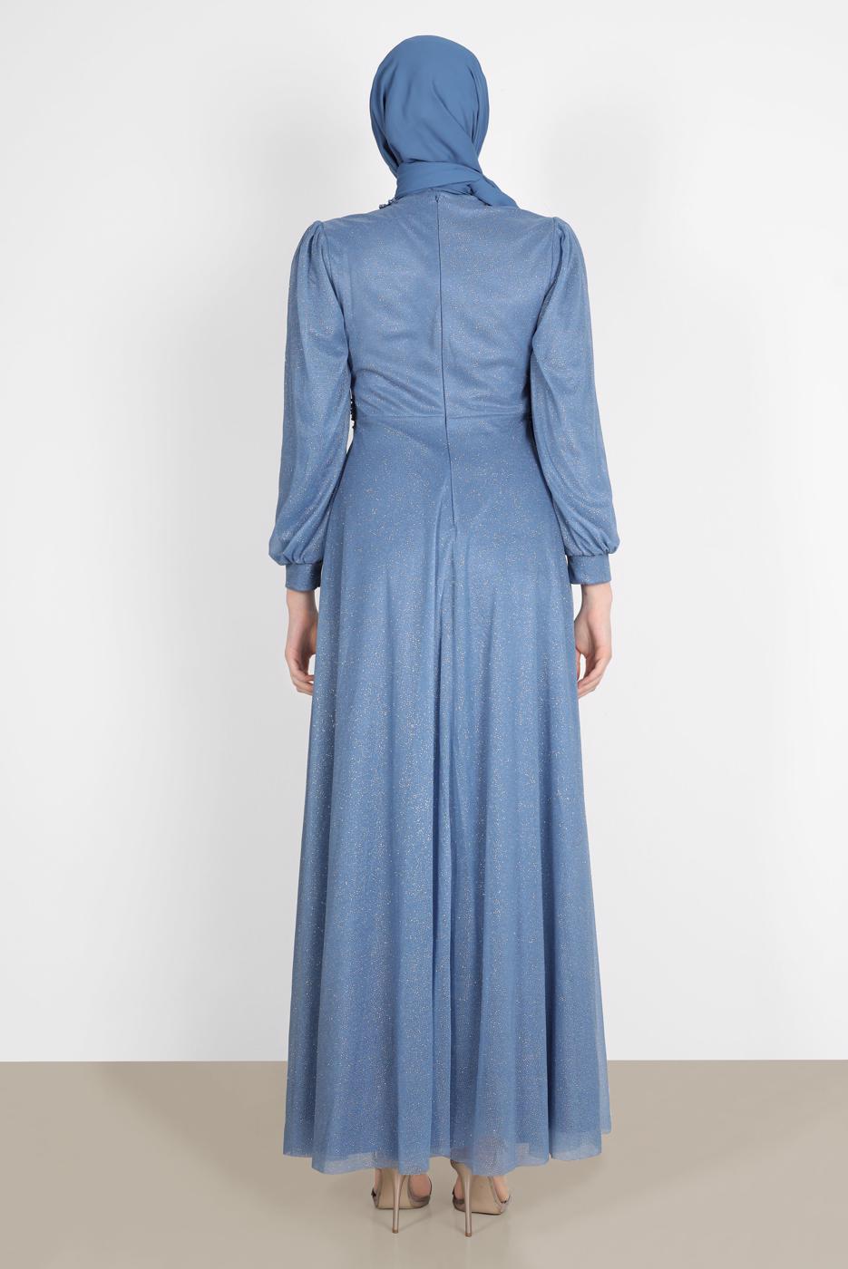 Vêtements hijab BLEU ROBE DE SOIRÉE ARGENTÉE BRODÉE DE PERLES 4353
