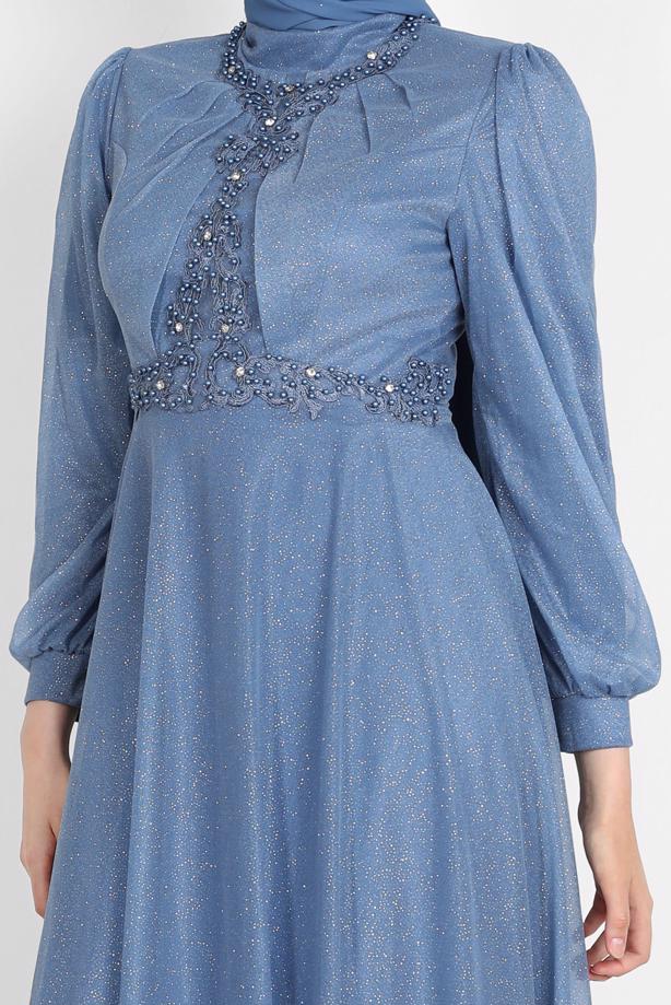Vêtements hijab  BEAD EMBROIDERED SILVERY EVENING DRESS 4353  - TRENDTESETTÜR