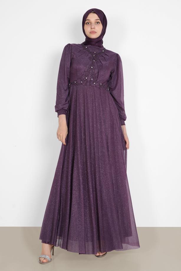 Vêtements hijab  BEAD EMBROIDERED SILVERY EVENING DRESS 4353  - TRENDTESETTÜR