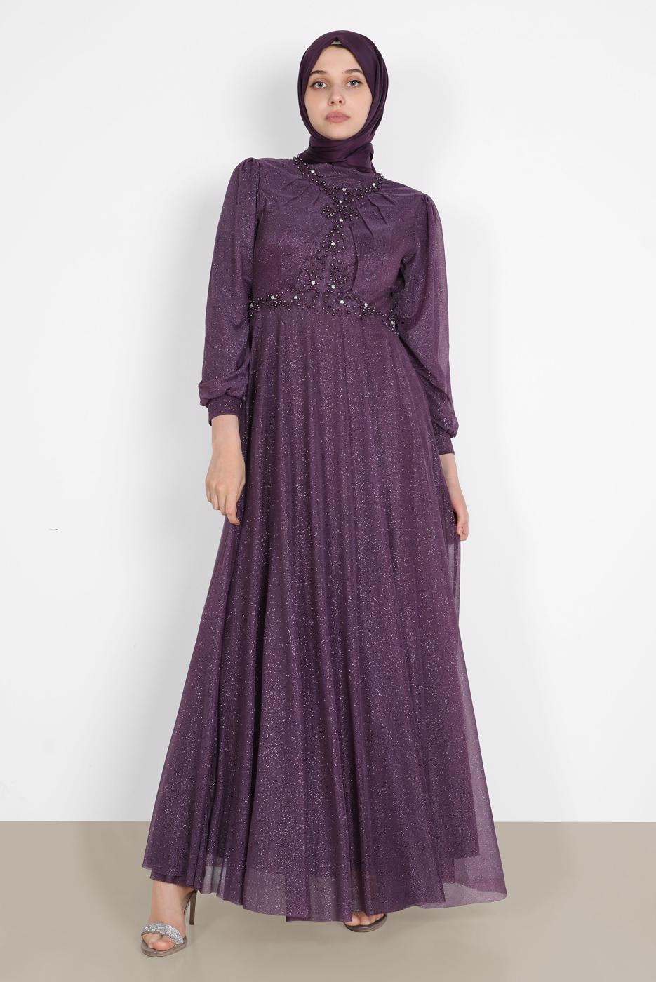 Hijab clothing PURPLE BEAD EMBROIDERED SILVERY EVENING DRESS 4353 