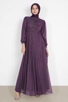 Hijab clothing PURPLE BEAD EMBROIDERED SILVERY EVENING DRESS 4353 
