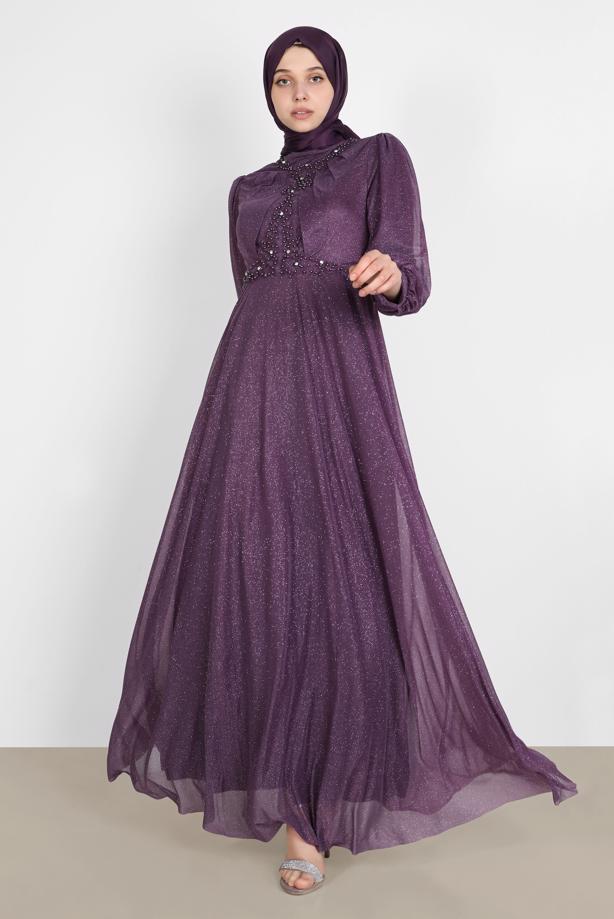 Vêtements hijab  BEAD EMBROIDERED SILVERY EVENING DRESS 4353  - TRENDTESETTÜR
