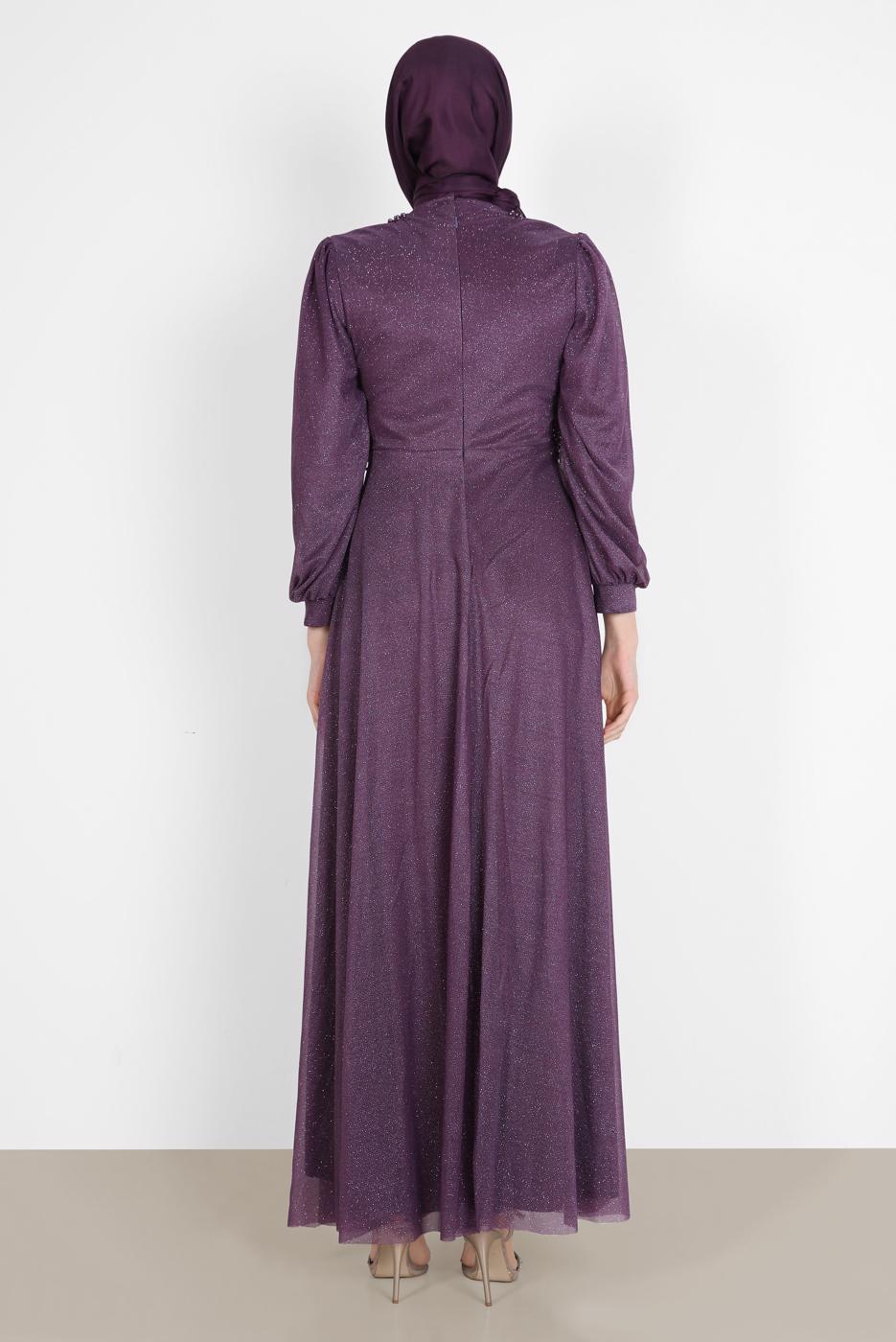 Hijab clothing PURPLE BEAD EMBROIDERED SILVERY EVENING DRESS 4353 