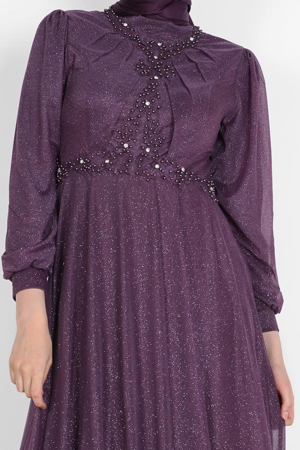 Vêtements hijab  BEAD EMBROIDERED SILVERY EVENING DRESS 4353  - TRENDTESETTÜR
