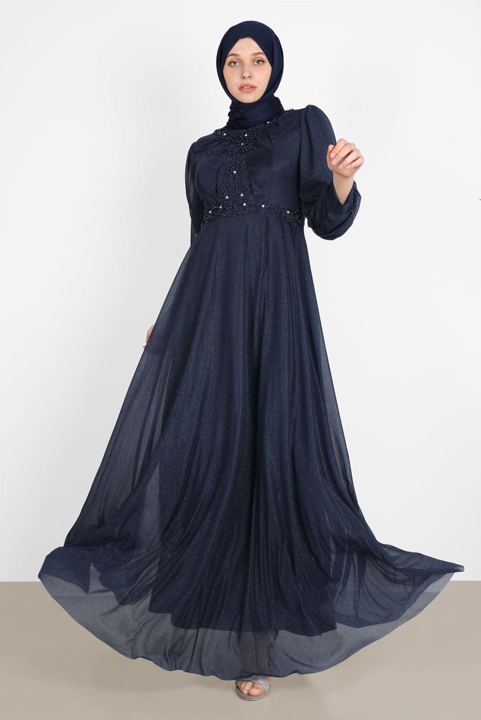 Hijab clothing NAVY BLUE BEAD EMBROIDERED SILVERY EVENING DRESS 4353 