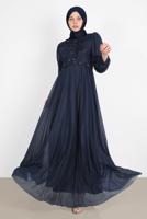 Hijab clothing NAVY BLUE BEAD EMBROIDERED SILVERY EVENING DRESS 4353 