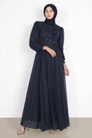Hijab clothing NAVY BLUE BEAD EMBROIDERED SILVERY EVENING DRESS 4353 