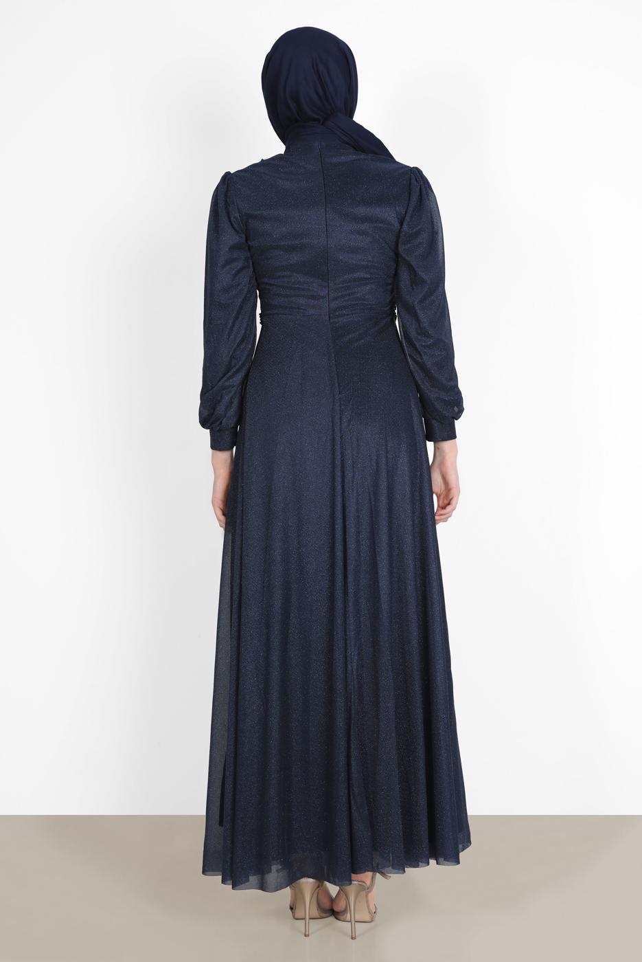 Hijab clothing NAVY BLUE BEAD EMBROIDERED SILVERY EVENING DRESS 4353 