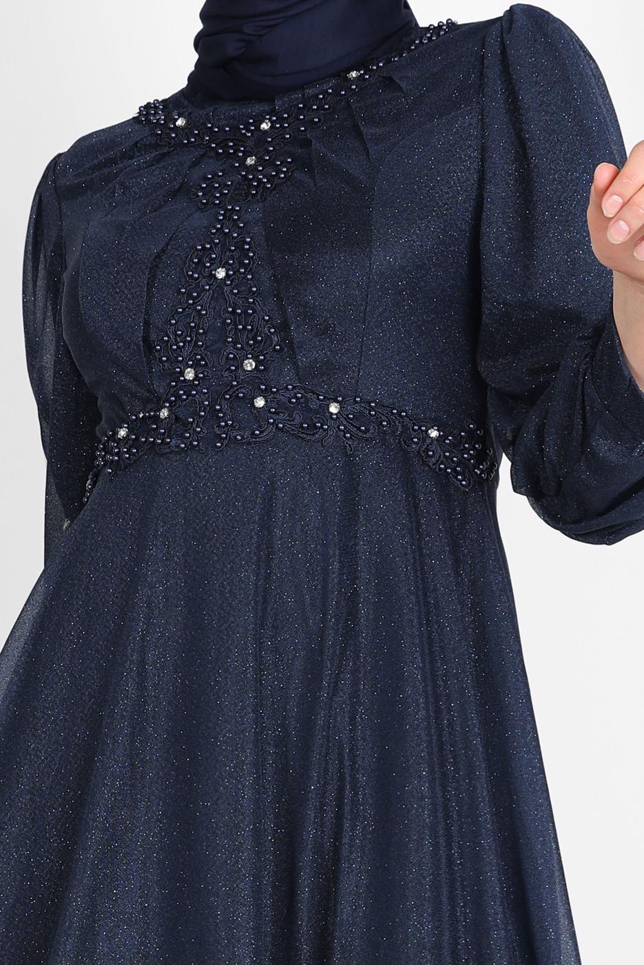 Hijab clothing NAVY BLUE BEAD EMBROIDERED SILVERY EVENING DRESS 4353 