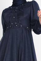 Hijab clothing NAVY BLUE BEAD EMBROIDERED SILVERY EVENING DRESS 4353 