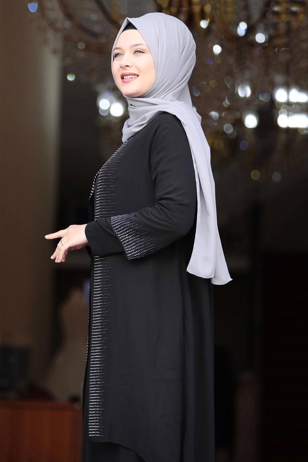 Vêtements hijab NOIR ROBE DE SOIRÉE DÉTAIL GEM T 4523 - TRENDTESETTÜR