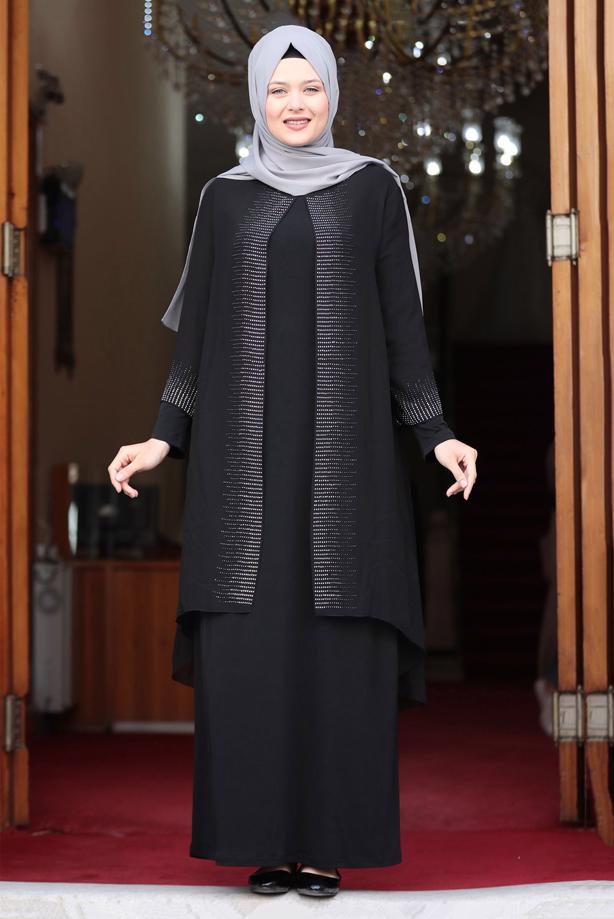 Vêtements hijab NOIR ROBE DE SOIRÉE DÉTAIL GEM T 4523 - TRENDTESETTÜR