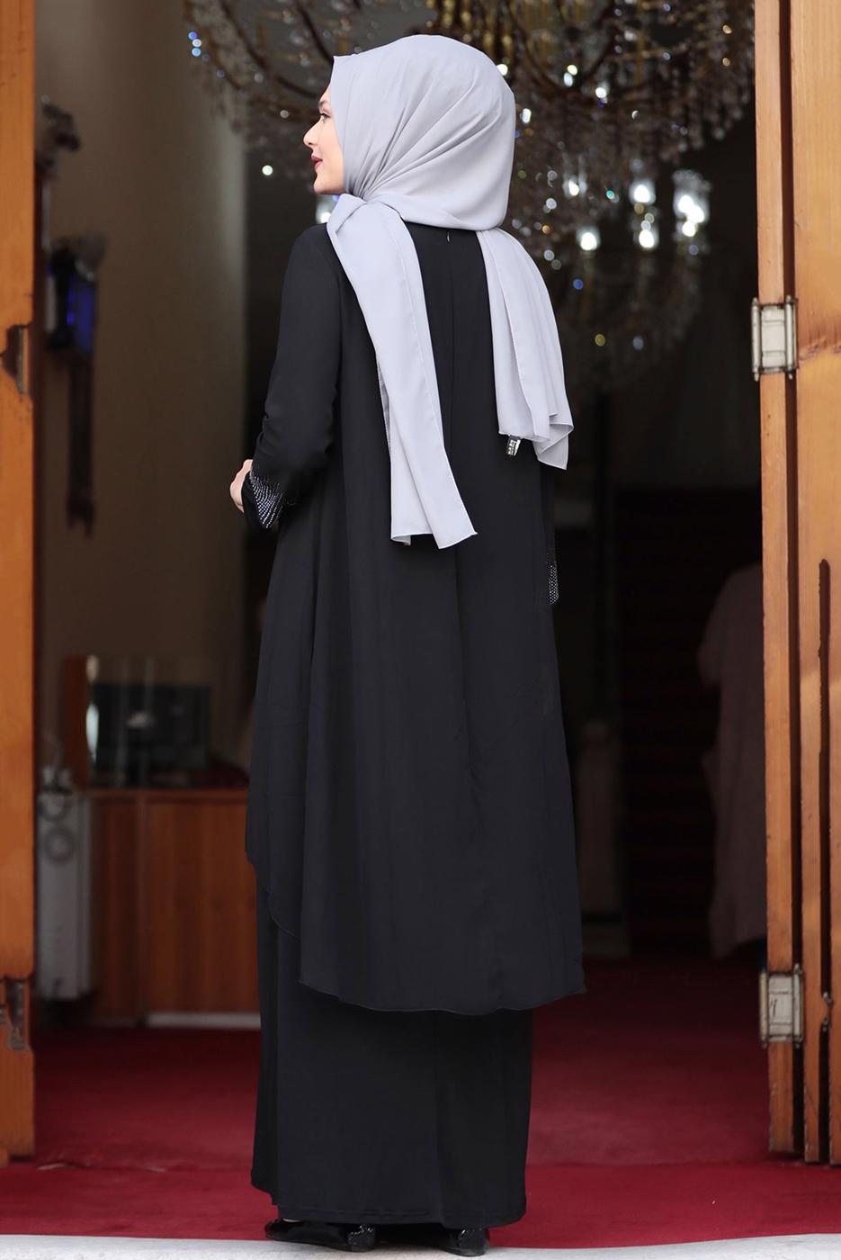 Tesettür giyim SİYAH TAŞ DETAYLI ABİYE ELBİSE T 4523