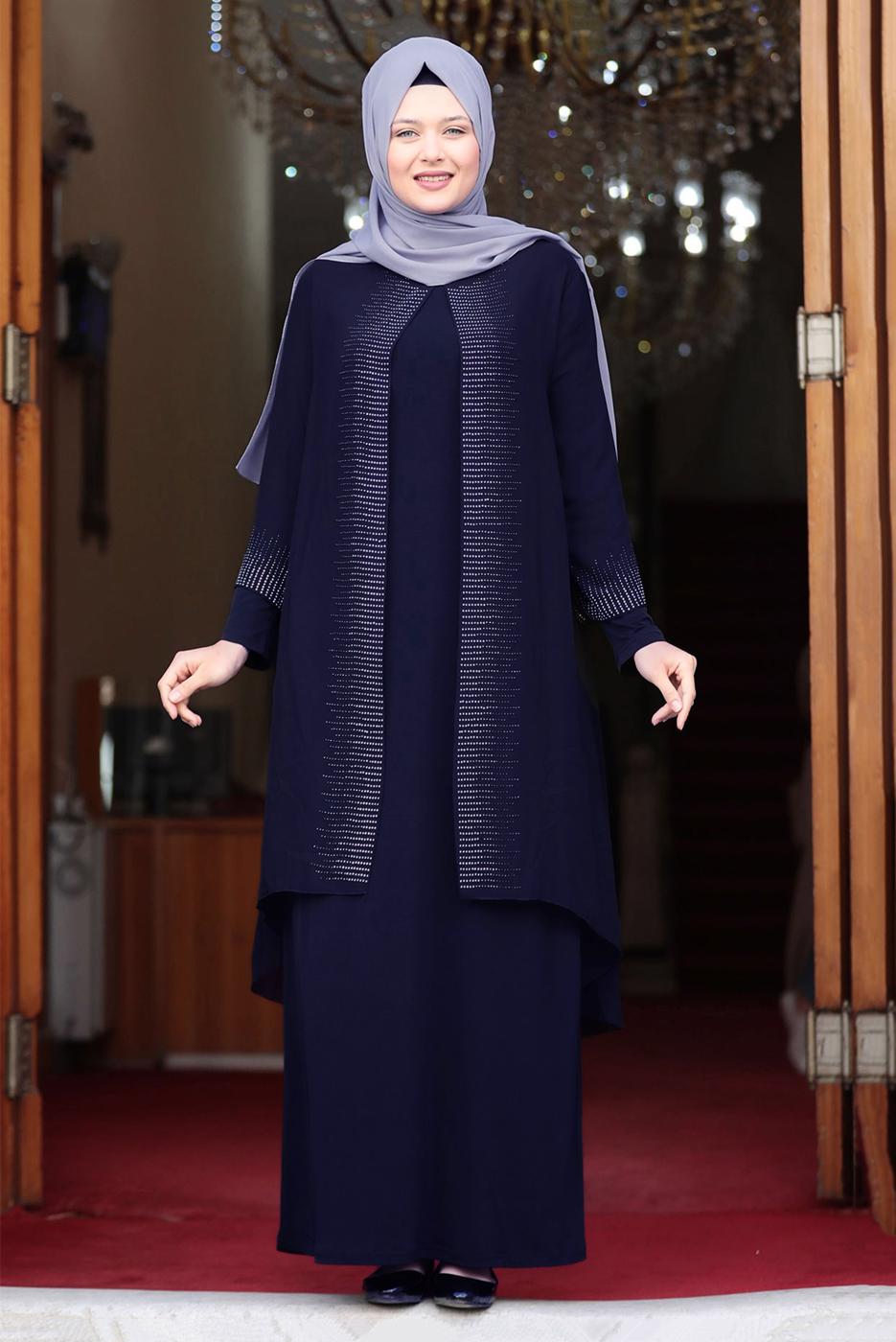 Vêtements hijab BLEU MARINE ROBE DE SOIRÉE DÉTAIL GEM T 4523