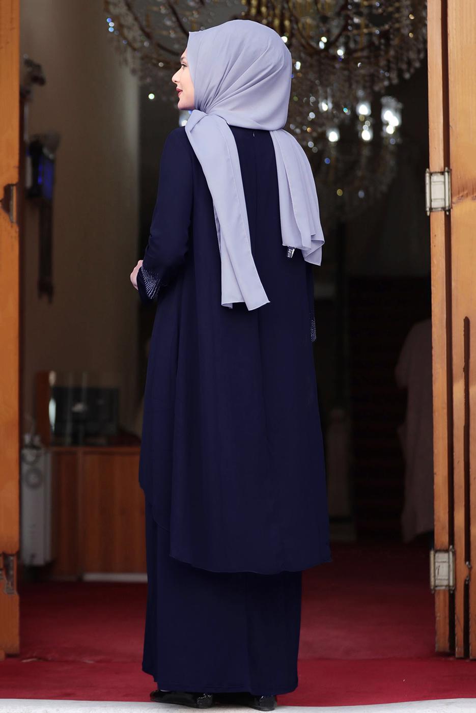 Vêtements hijab BLEU MARINE ROBE DE SOIRÉE DÉTAIL GEM T 4523