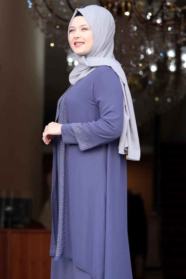 Vêtements hijab BLEU MARINE ROBE DE SOIRÉE DÉTAIL GEM T 4523 - TRENDTESETTÜR
