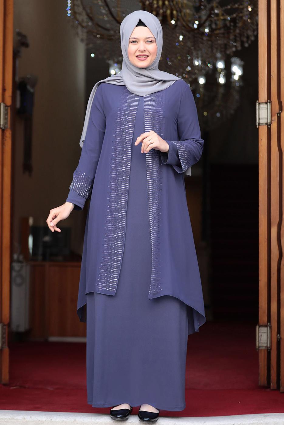 Hijab clothing NAVY BLUE GEM DETAIL EVENING DRESS T 4523