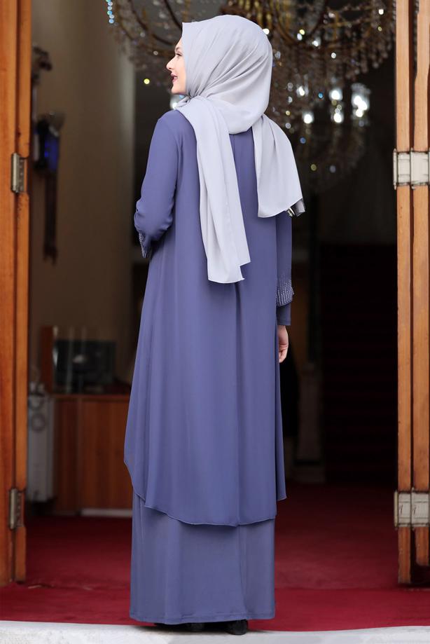 Vêtements hijab BLEU MARINE ROBE DE SOIRÉE DÉTAIL GEM T 4523 - TRENDTESETTÜR