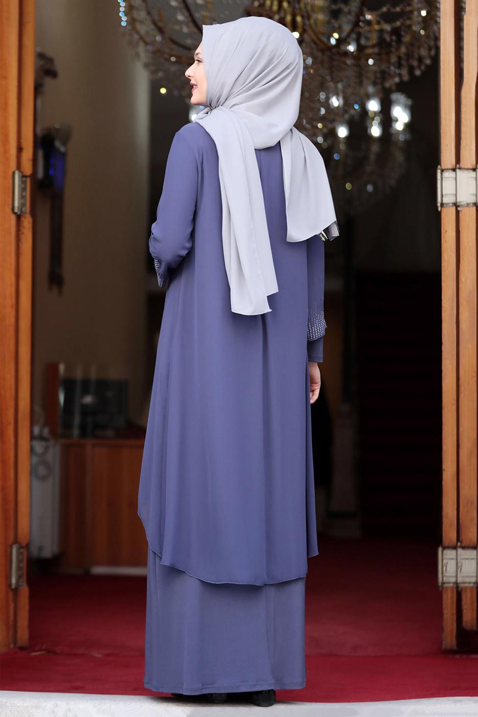 Hijab clothing NAVY BLUE GEM DETAIL EVENING DRESS T 4523