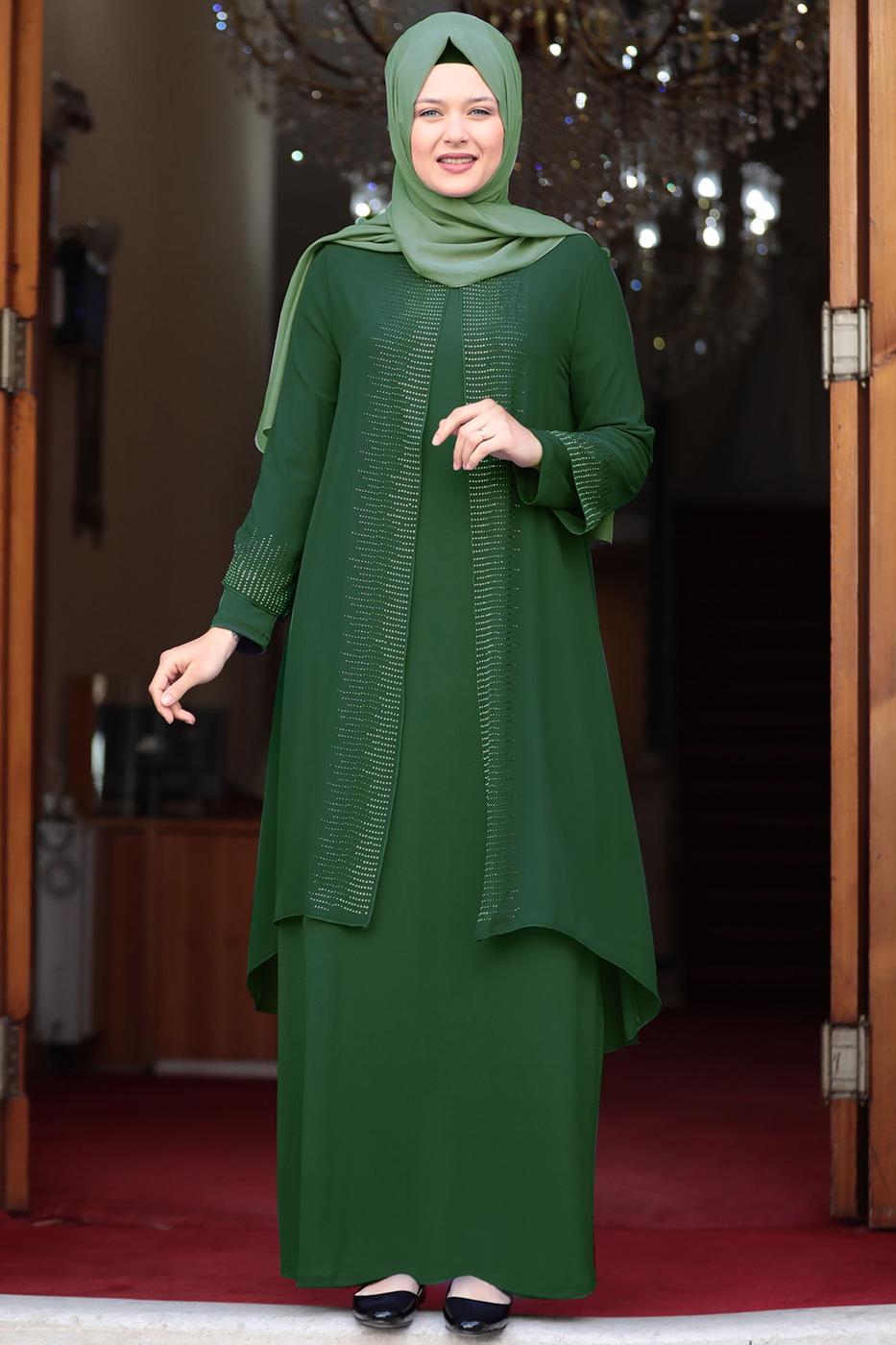 Tesettür giyim YEŞİL TAŞ DETAYLI ABİYE ELBİSE T 4523