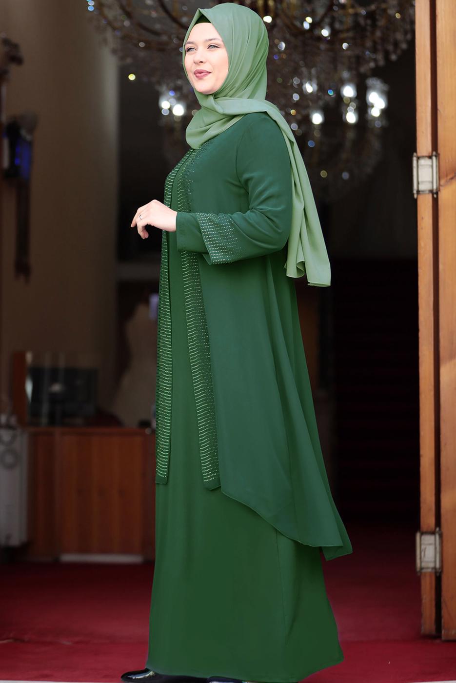Tesettür giyim YEŞİL TAŞ DETAYLI ABİYE ELBİSE T 4523