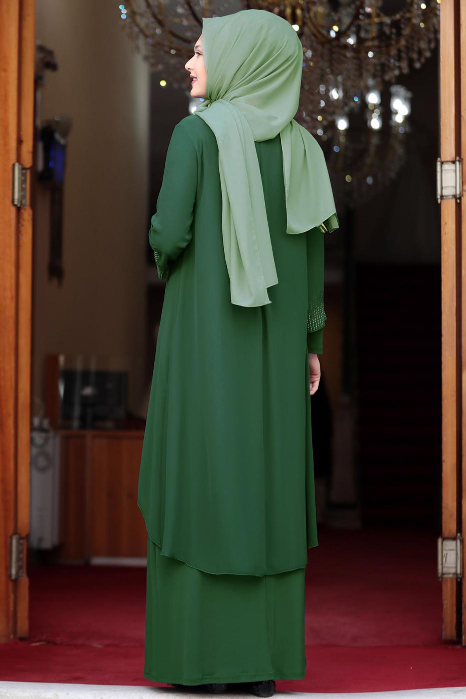 Tesettür giyim YEŞİL TAŞ DETAYLI ABİYE ELBİSE T 4523