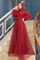 Tesettür giyim KIRMIZI KUŞAKLI TÜLLÜ ABİYE ELBİSE T 4693