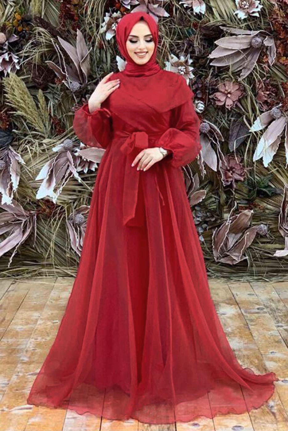 Tesettür giyim KIRMIZI KUŞAKLI TÜLLÜ ABİYE ELBİSE T 4693