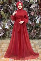 Tesettür giyim KIRMIZI KUŞAKLI TÜLLÜ ABİYE ELBİSE T 4693