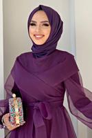 Tesettür giyim MOR KUŞAKLI TÜLLÜ ABİYE ELBİSE T 4693