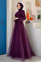 Tesettür giyim MOR KUŞAKLI TÜLLÜ ABİYE ELBİSE T 4693