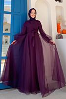 Tesettür giyim MOR KUŞAKLI TÜLLÜ ABİYE ELBİSE T 4693
