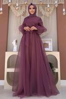 Tesettür giyim MOR KUŞAKLI TÜLLÜ ABİYE ELBİSE T 4693