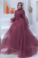 Tesettür giyim MOR KUŞAKLI TÜLLÜ ABİYE ELBİSE T 4693