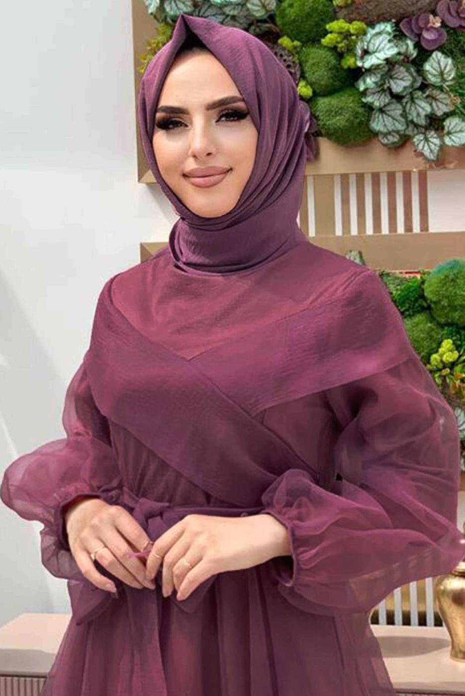 Tesettür giyim MOR KUŞAKLI TÜLLÜ ABİYE ELBİSE T 4693