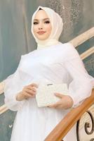 Tesettür giyim EKRU KUŞAKLI TÜLLÜ ABİYE ELBİSE T 4693